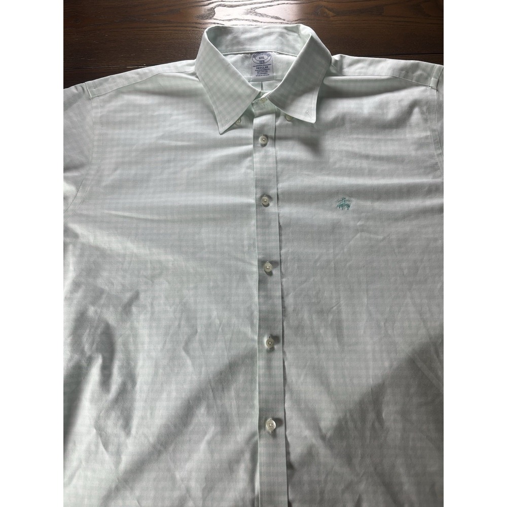 Brooks Brothers Men's XXL 1818 Long-Sleeve Non-Iron Mint Teal/White Check Shirt